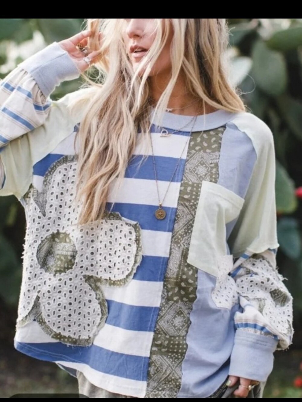 Oli & Hali Boho Patchwork Floral Stripe Women's Sweatshirt in Blue and Cream